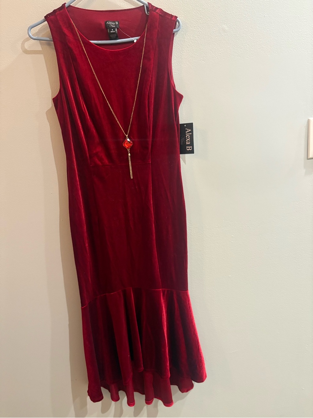 Alexa B Nites Deep Red Velvet  Midi Dress Scoop Neck Sleeveless Size 8